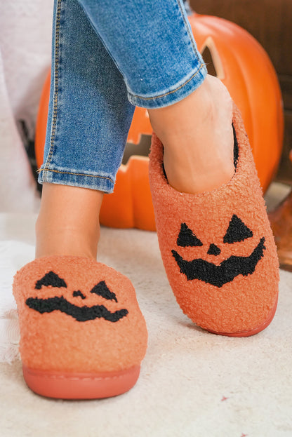 Orange Halloween Pumpkin Face Plush Slippers