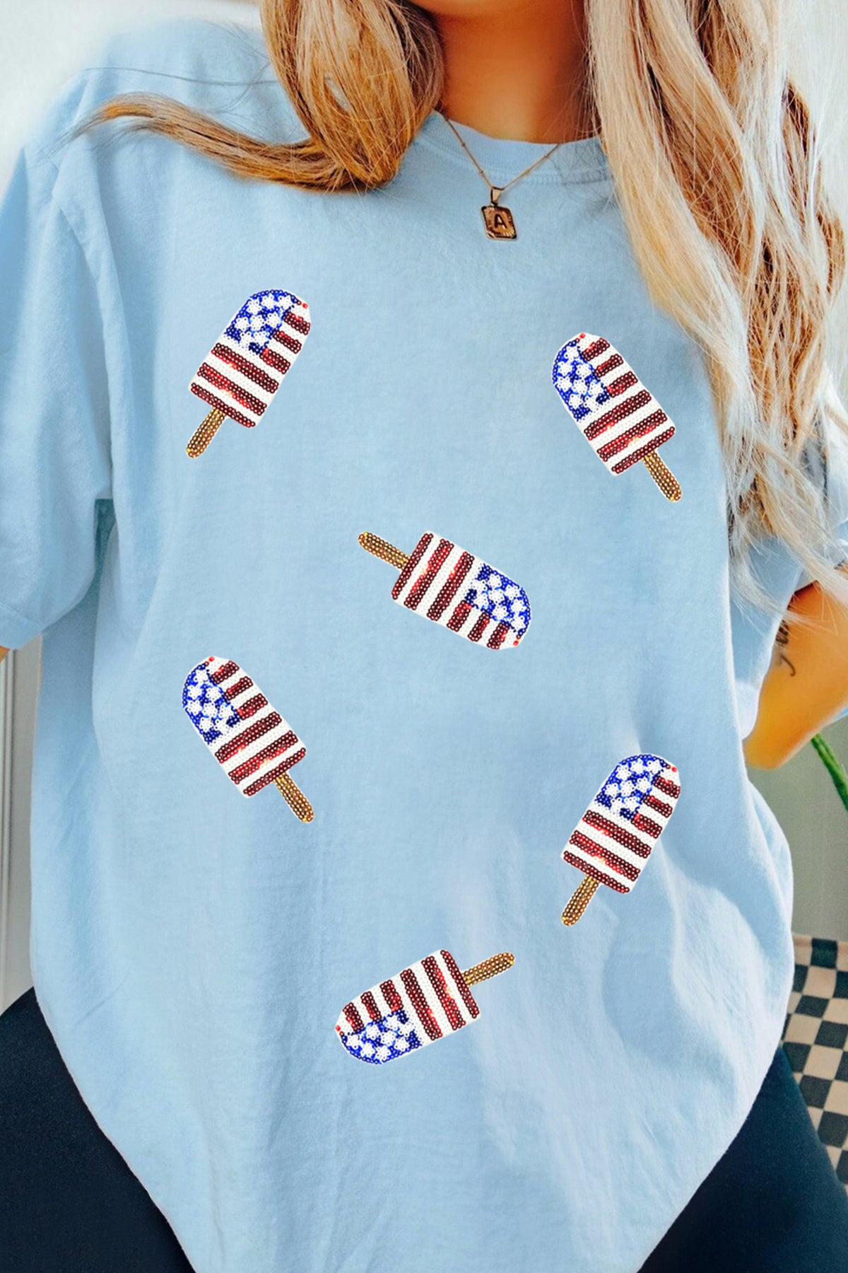 Light Blue Patriotic Sequin Popsicle T-Shirt
