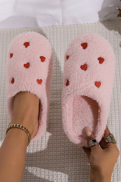 White Heart Embroidered Slip-On Plush Slippers