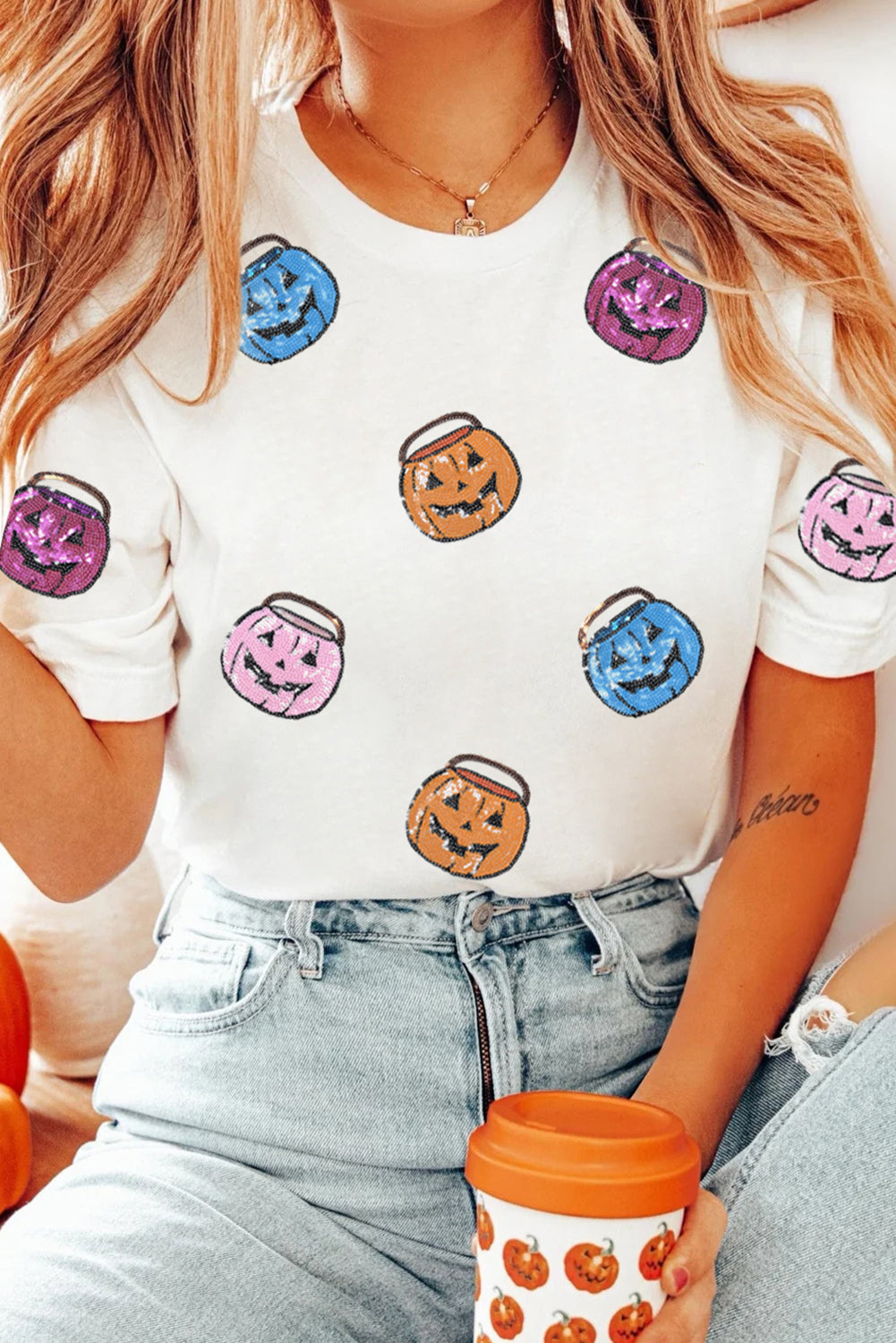 White Sequin Pumpkin Face Patched Crew Neck Holiday T-Shirt