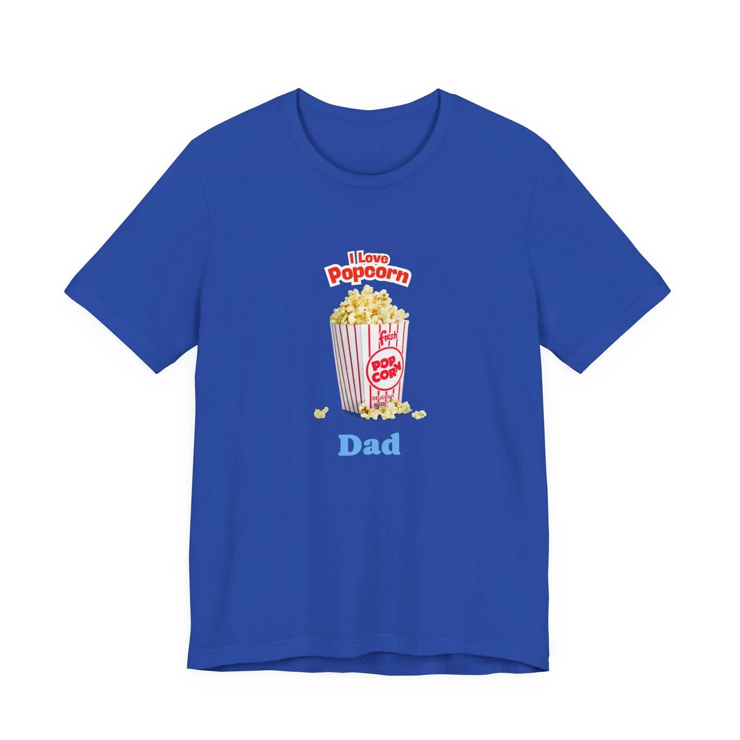 Blue T-shirt with popcorn bucket graphic and text I Love Popcorn Dad