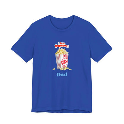 Blue T-shirt with popcorn bucket graphic and text I Love Popcorn Dad