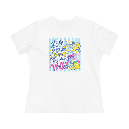 White women's vodka shirt with colorful Life Gives You Lemons Buy More Vodka design