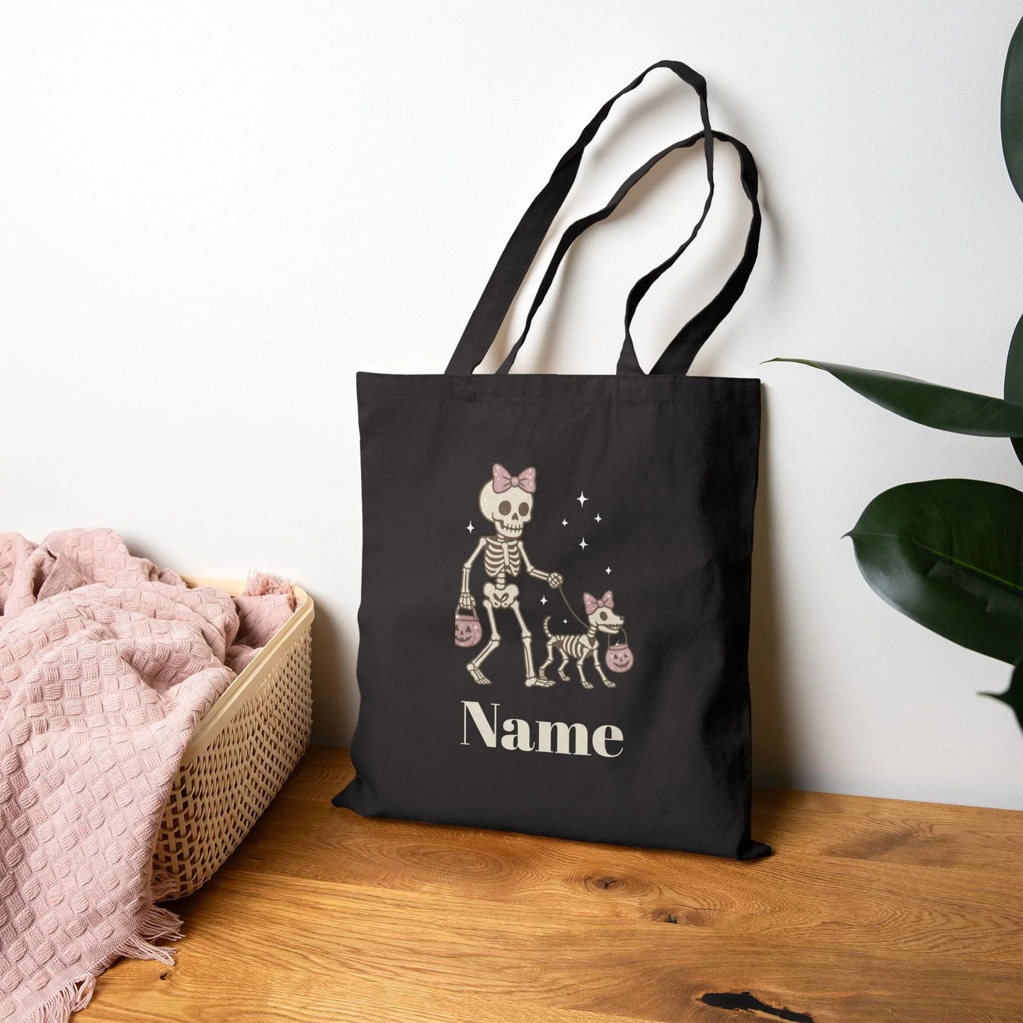 Pink Bow Halloween Friends Cotton Canvas Tote Bag - Personalizable