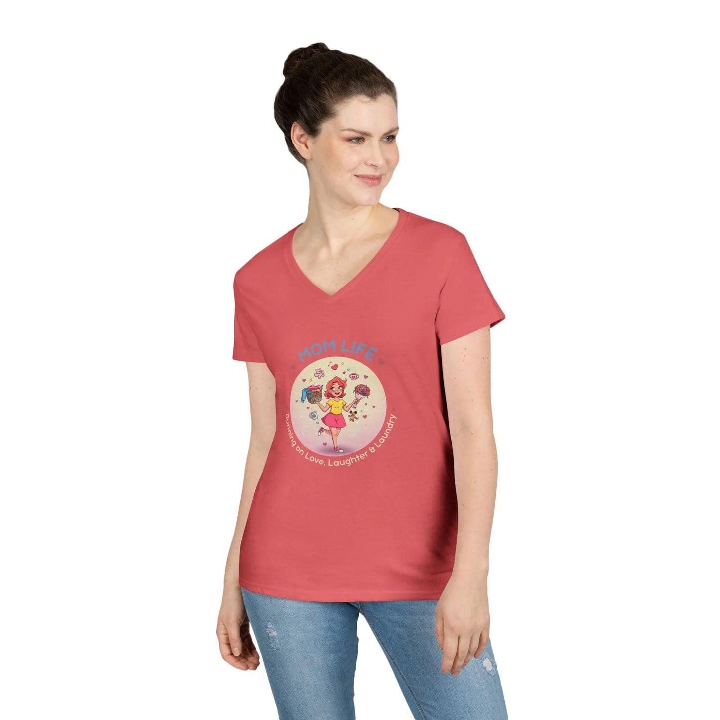 Mom Life: Running on Love, Laughter & Laundry V-Neck T-Shirt - Whippie's