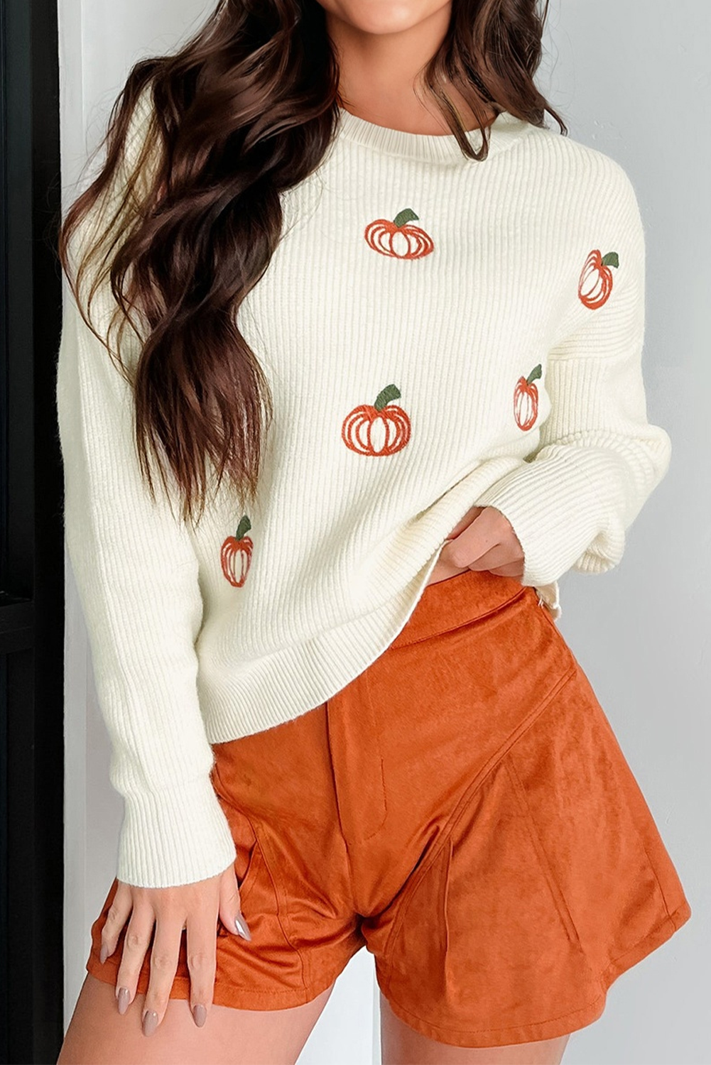 Beige Pumpkin Embroidered Thanksgiving Sweater