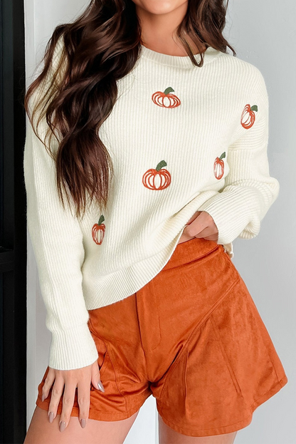 Beige Pumpkin Embroidered Thanksgiving Sweater
