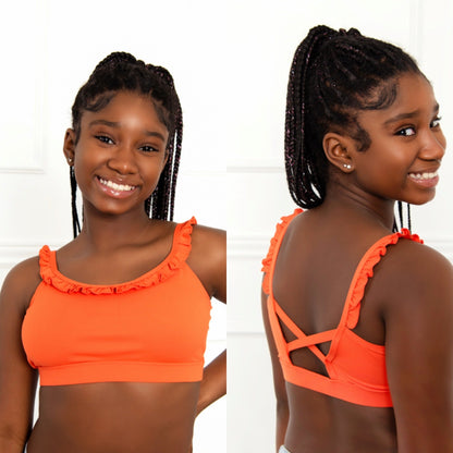 Phoenix Orange Ruffle Top girls dance top front view
