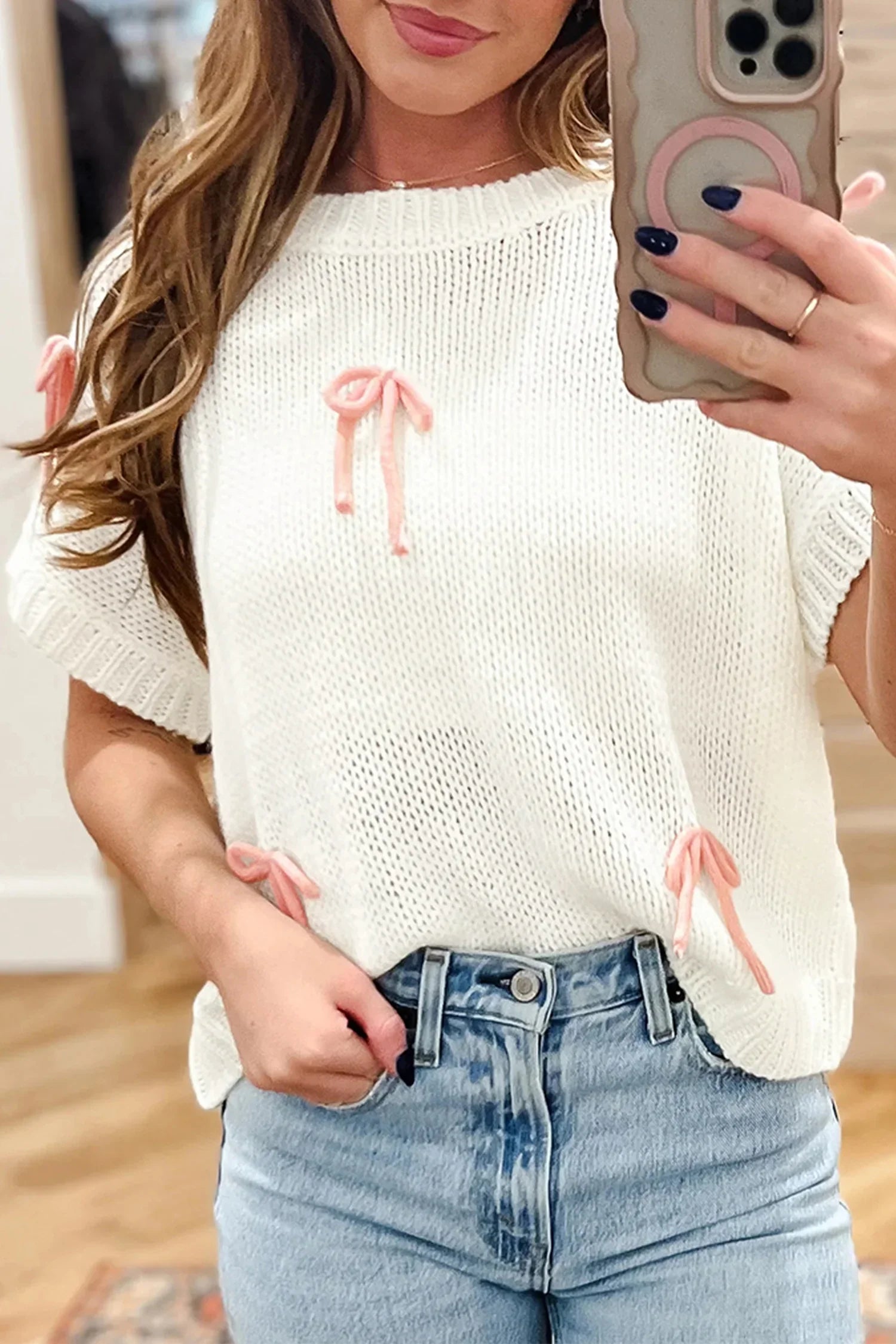Short Sleeve Knit Applique Bow Sweater