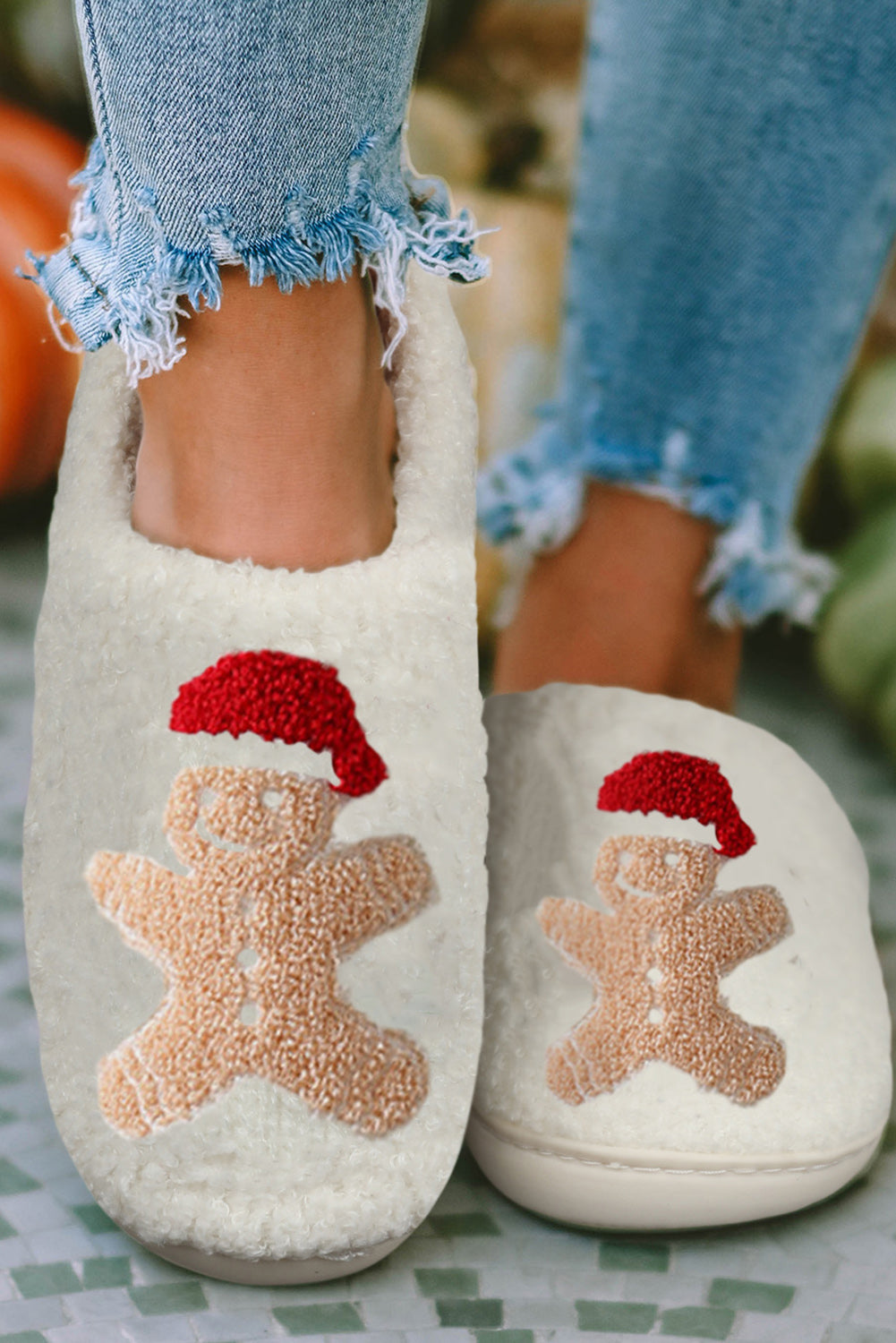 Gingerbread Christmas Slippers | White Plush House Shoes