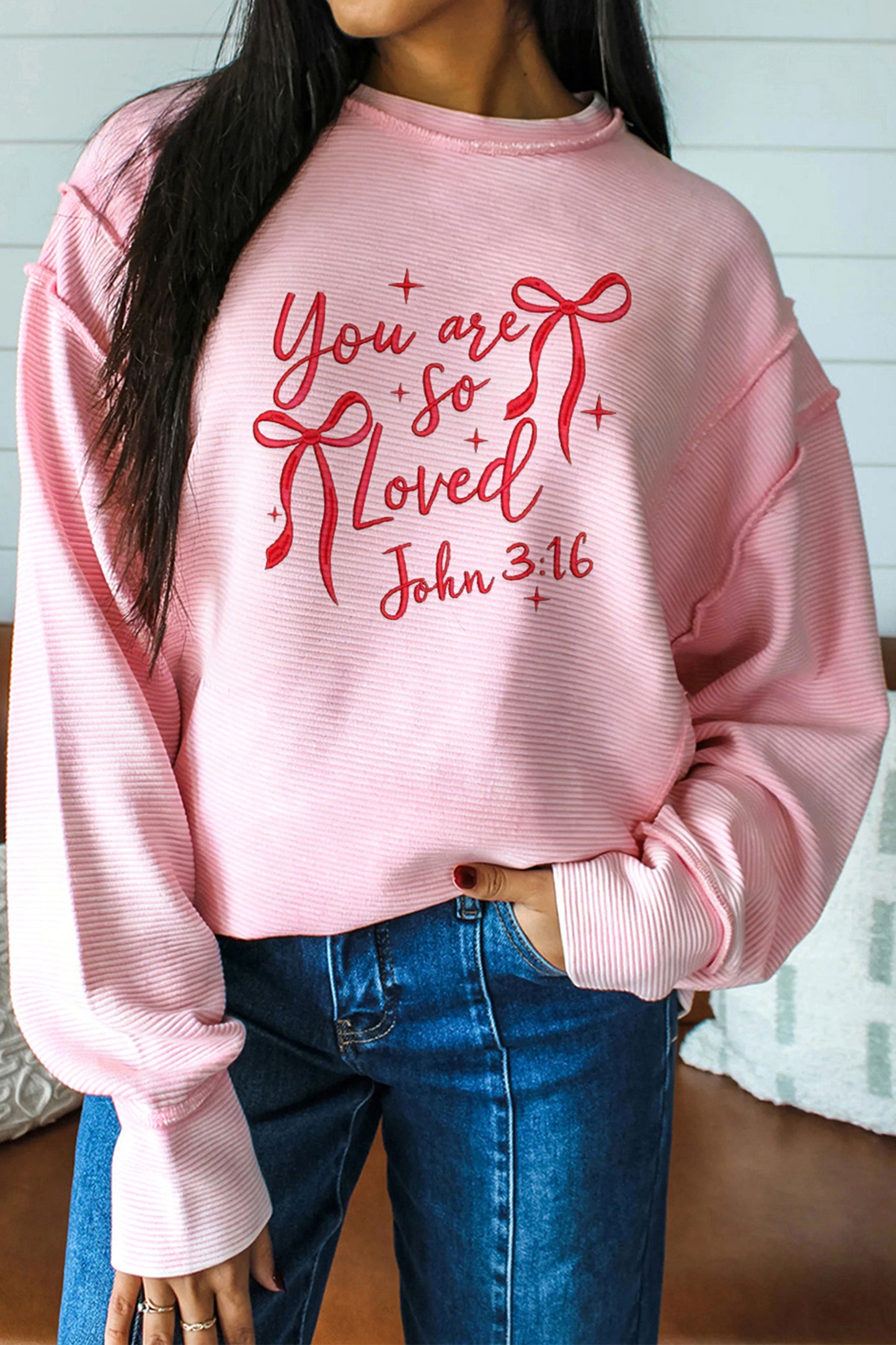 Pink You Are So Loved Valentine's Day Bow Embroidered Pullover Top