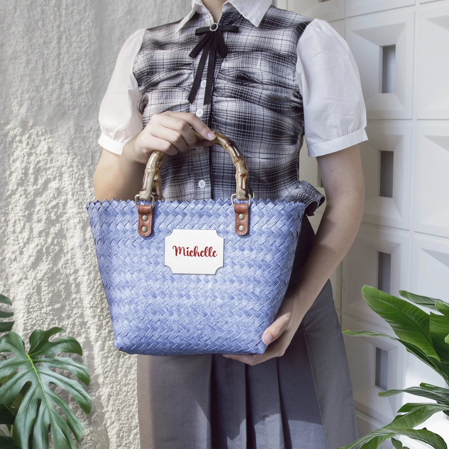 1231. Chic Woven Basket Bag with Bamboo Handle - Personalizable - Whippie's