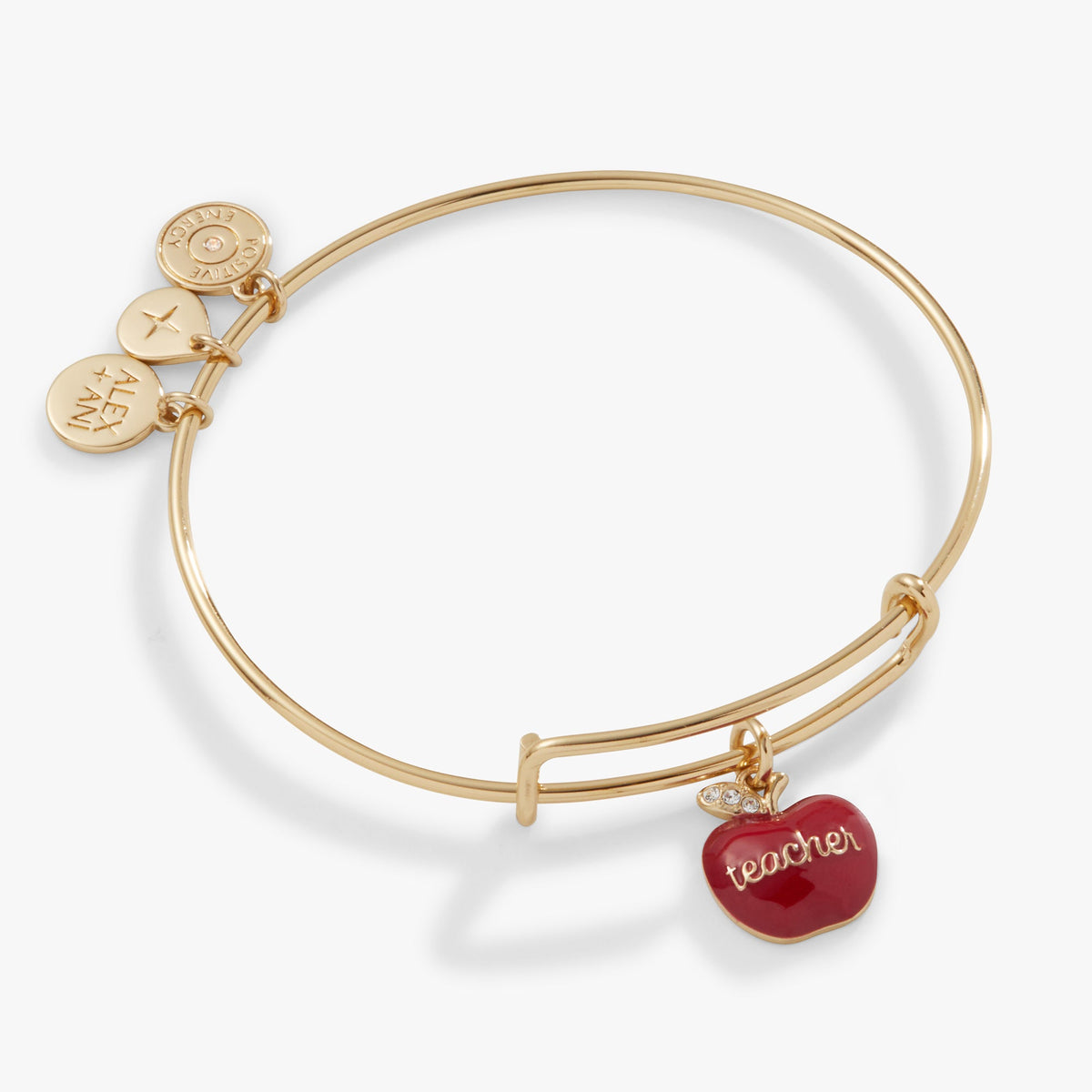 Gold bracelet with a red 'teacher' apple charm on a white background