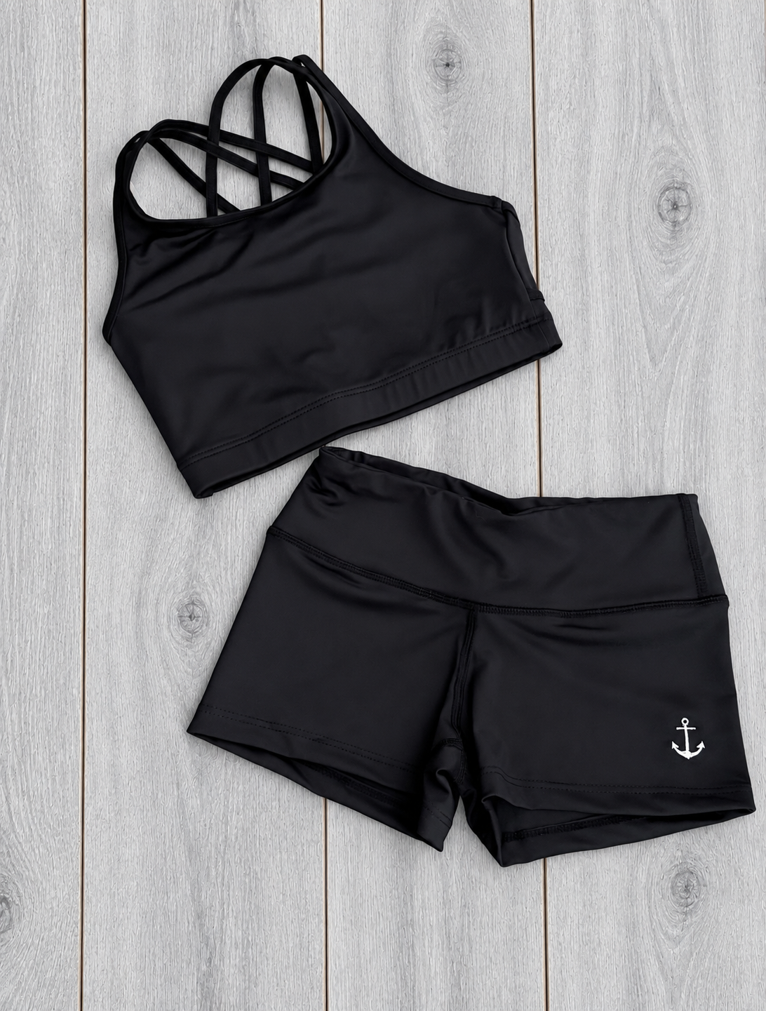 Girls Dance Set | Nightfall Black Top & Shorts: Front flat lay of top and shorts