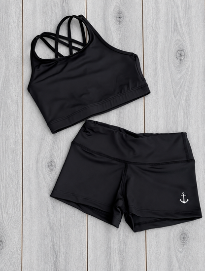 Girls Dance Set | Nightfall Black Top & Shorts: Front flat lay of top and shorts