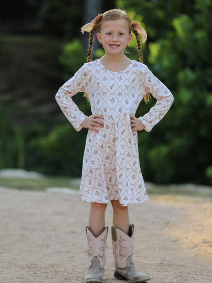 Girls Fall Dress | Pumpkin Bow Twirl: Model with hands on hips