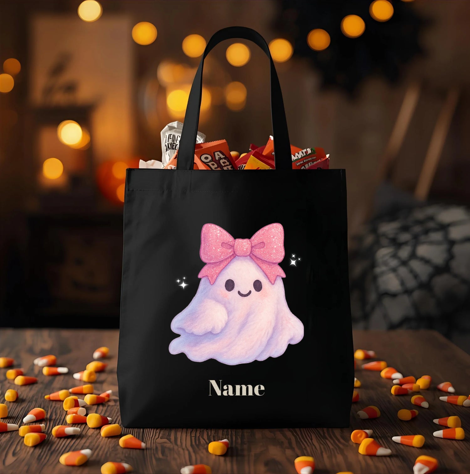 Pink Bow Halloween Friends Cotton Canvas Tote Bag - Personalizable