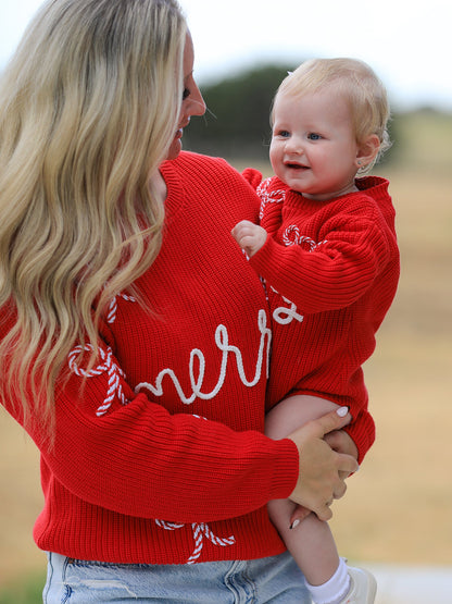 Mommy and Me Sweaters | Red Merry & Bows: Adult sweater beside separate baby romper