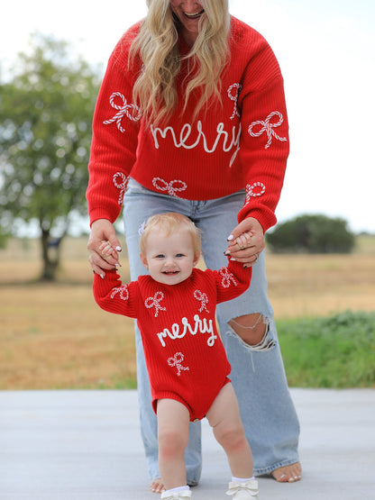 Mommy and Me Sweaters | Red Merry & Bows: Adult sweater with separate baby romper front view