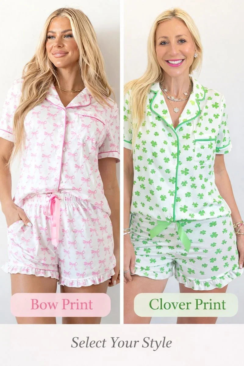 Two women wearing pajama sets with bow print and clover print, labeled 'Bow Print' and 'Clover Print'.