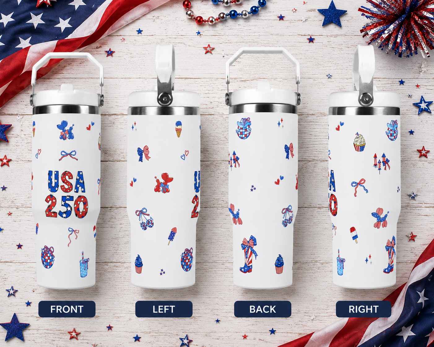 Four white tumblers with patriotic designs on a wooden surface with American flag decorations.