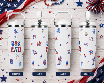 Four white tumblers with patriotic designs on a wooden surface with American flag decorations.