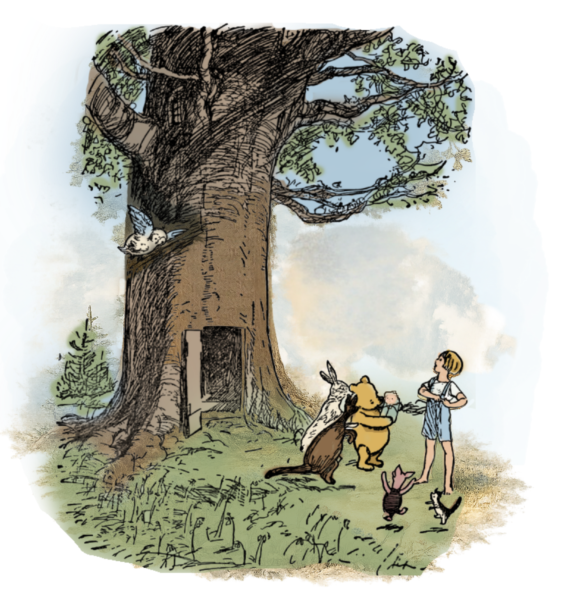 Classic Winne the Pooh with friends holding a baby in the 100 Acres Wood at his tree house.