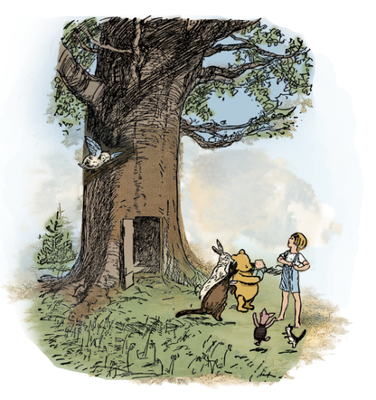 Classic Winne the Pooh with friends holding a baby in the 100 Acres Wood at his tree house.