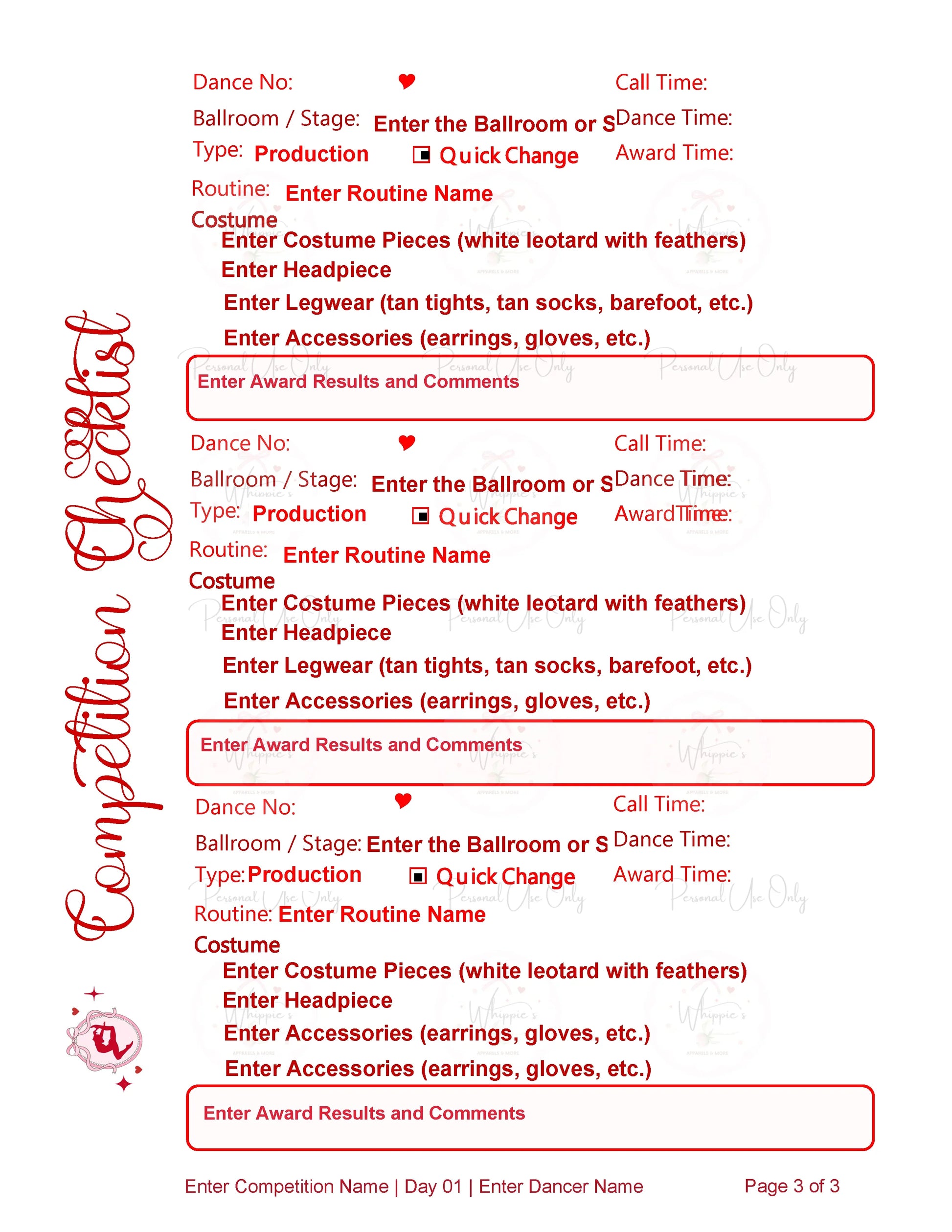 Template for a dance competition checklist with red text on a white background