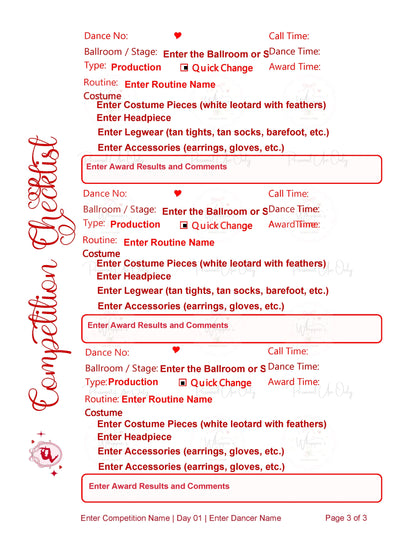 Template for a dance competition checklist with red text on a white background