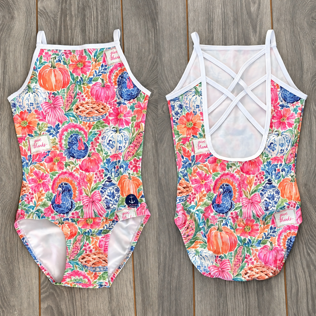 Thanksgiving Leotard | Preppy Thankful-Giving: Front and crisscross-back flat lay