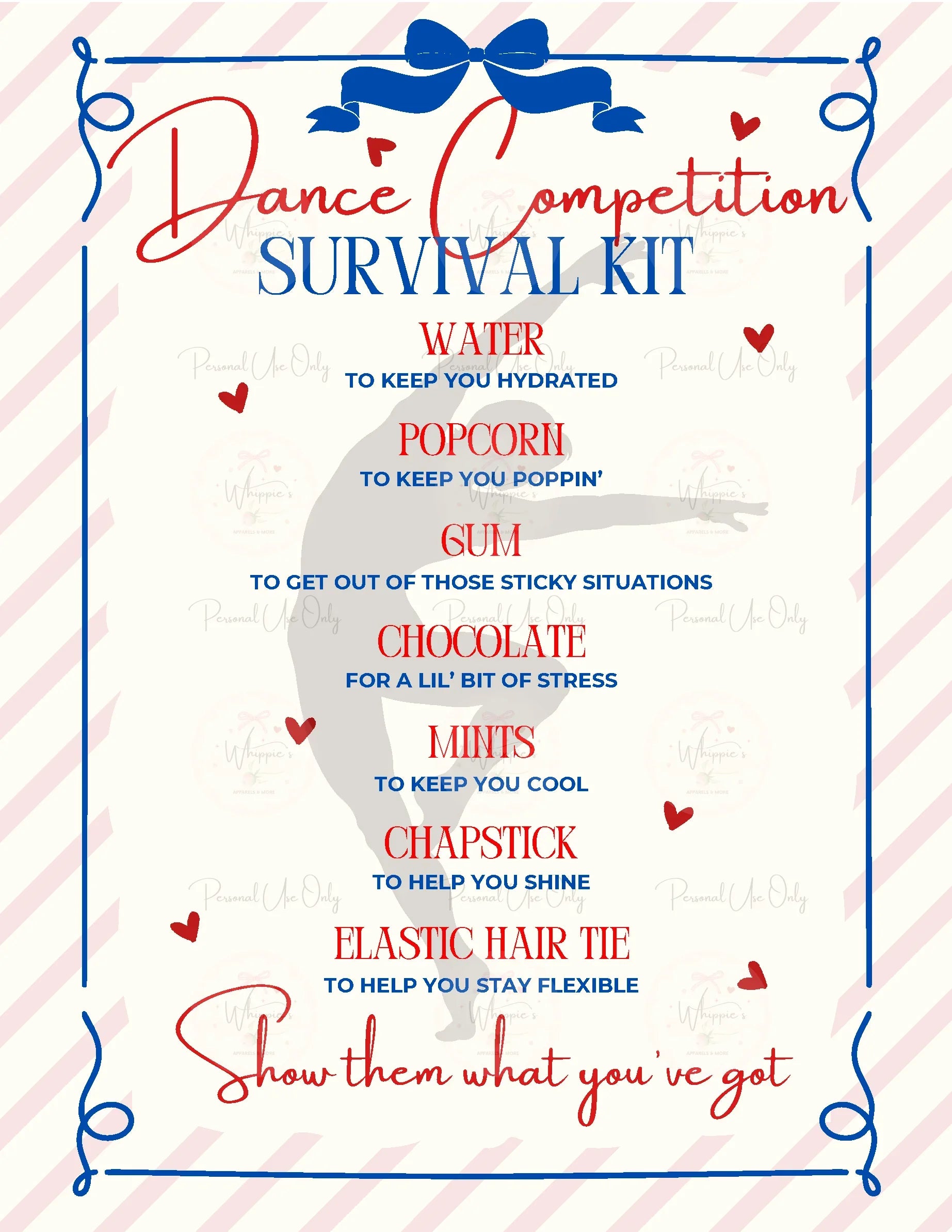Dance competition survival kit list with a dancer illustration on a striped background