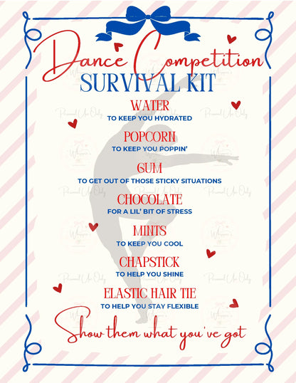 Dance competition survival kit list with a dancer illustration on a striped background