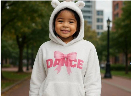 DANCE Pink Bow Kids Sweatshirt With Ears | Ultra-Soft Borg Fleece Hoodie - Whippie's