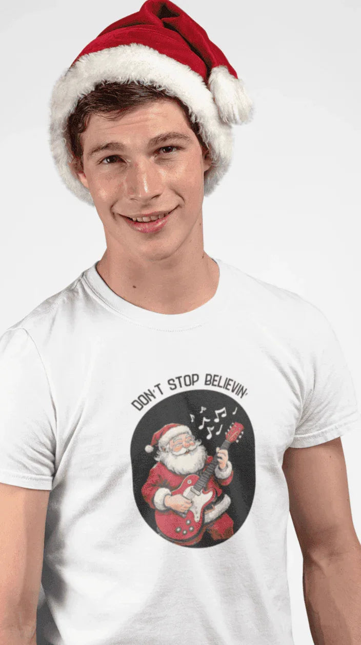 Don't Stop Believin': Santa's Rockin' Christmas Cheer! 🎅🎸🎄 - Unisex Softstyle T-shirt - Whippie's