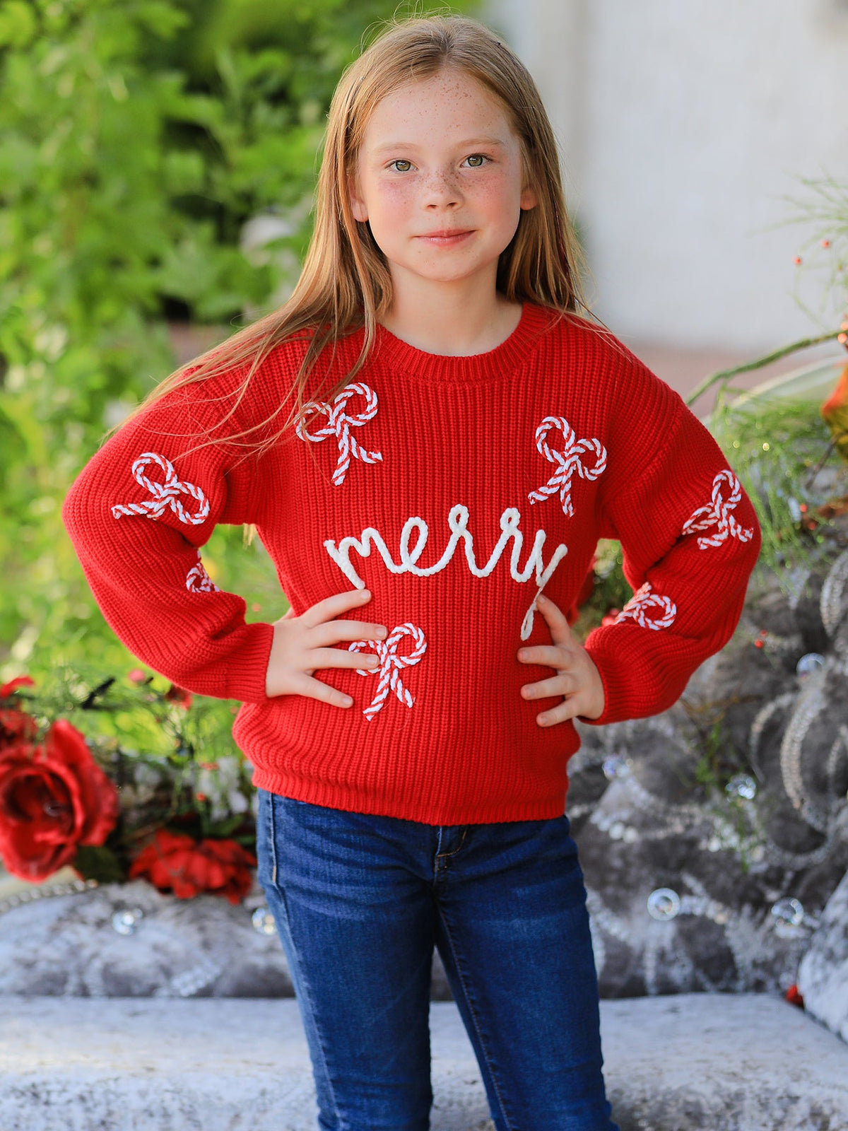 Mommy and Me Sweaters | Red Merry & Bows: Child wearing red merry sweater