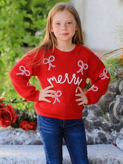 Mommy and Me Sweaters | Red Merry & Bows: Child wearing red merry sweater