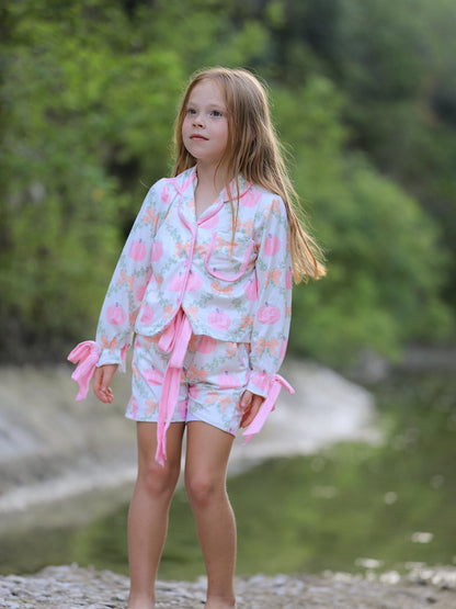 Mommy and Me Pajamas | Pumpkin Floral Shorts: Child showing collared top and shorts