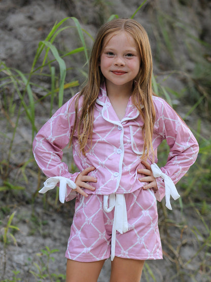 Mommy & Me Autumn Check Bow Girls Lapel Pajamas