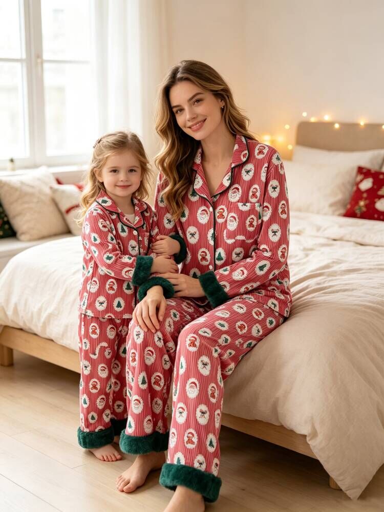 Mommy and Me Pajamas | Santa Faux Fur Trim: Adult and child wearing red Santa sets