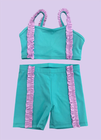 Custom Made Mint & Lilac Ruffle Girls Dancewear Short Set