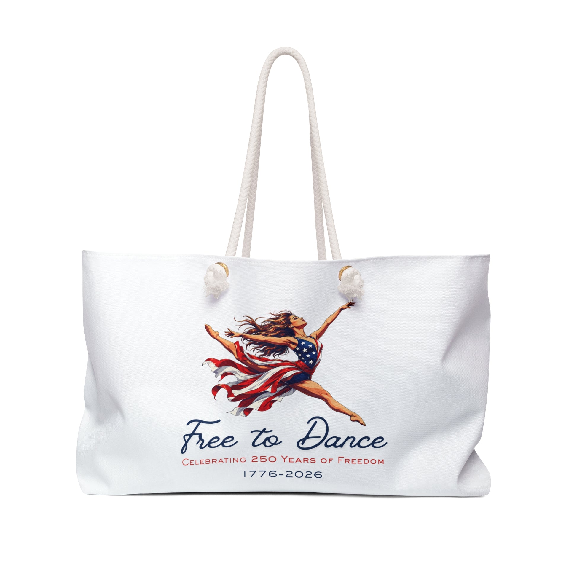Front of white tote bag with a Free to Dance  Celebrating 250 Years of Freedom 1776-2026 design of a dancer wearing an American flag dress.