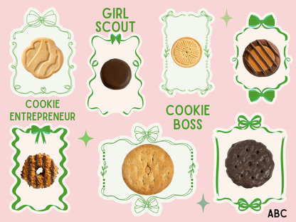 Girl Scout cookies with labels on a pink background