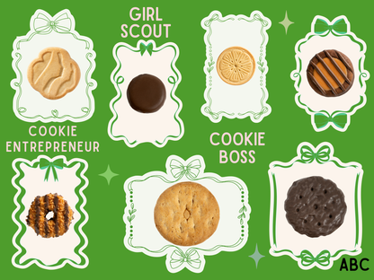 Illustrations of Girl Scout cookies with labels on a green background