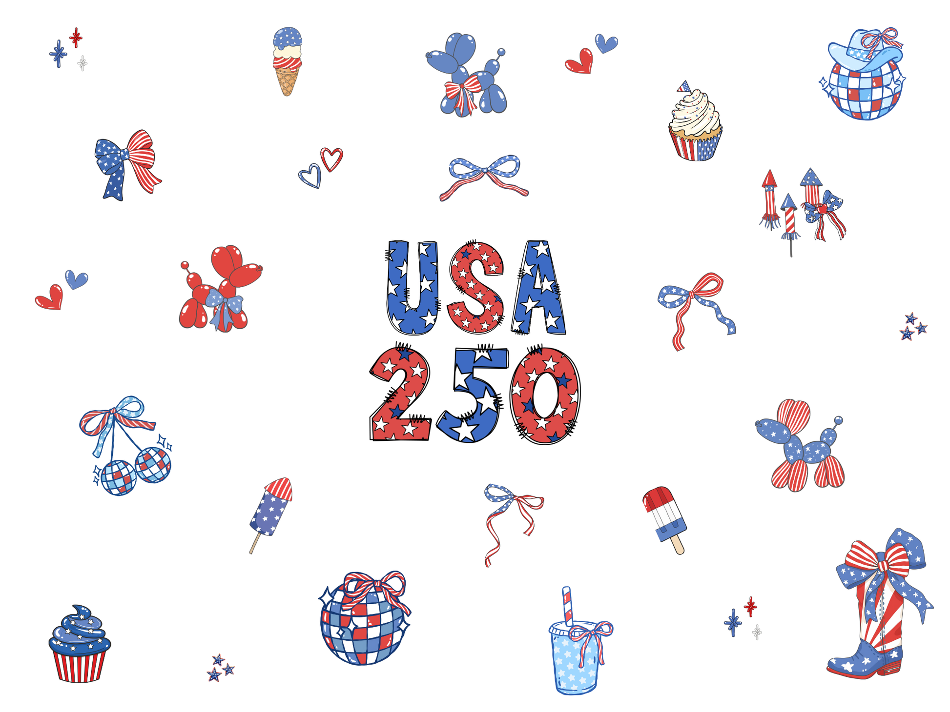 Decorative design with 'USA 250' text surrounded by small icons on a white background