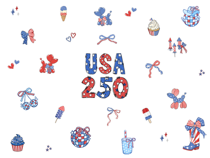 Decorative design with 'USA 250' text surrounded by small icons on a white background