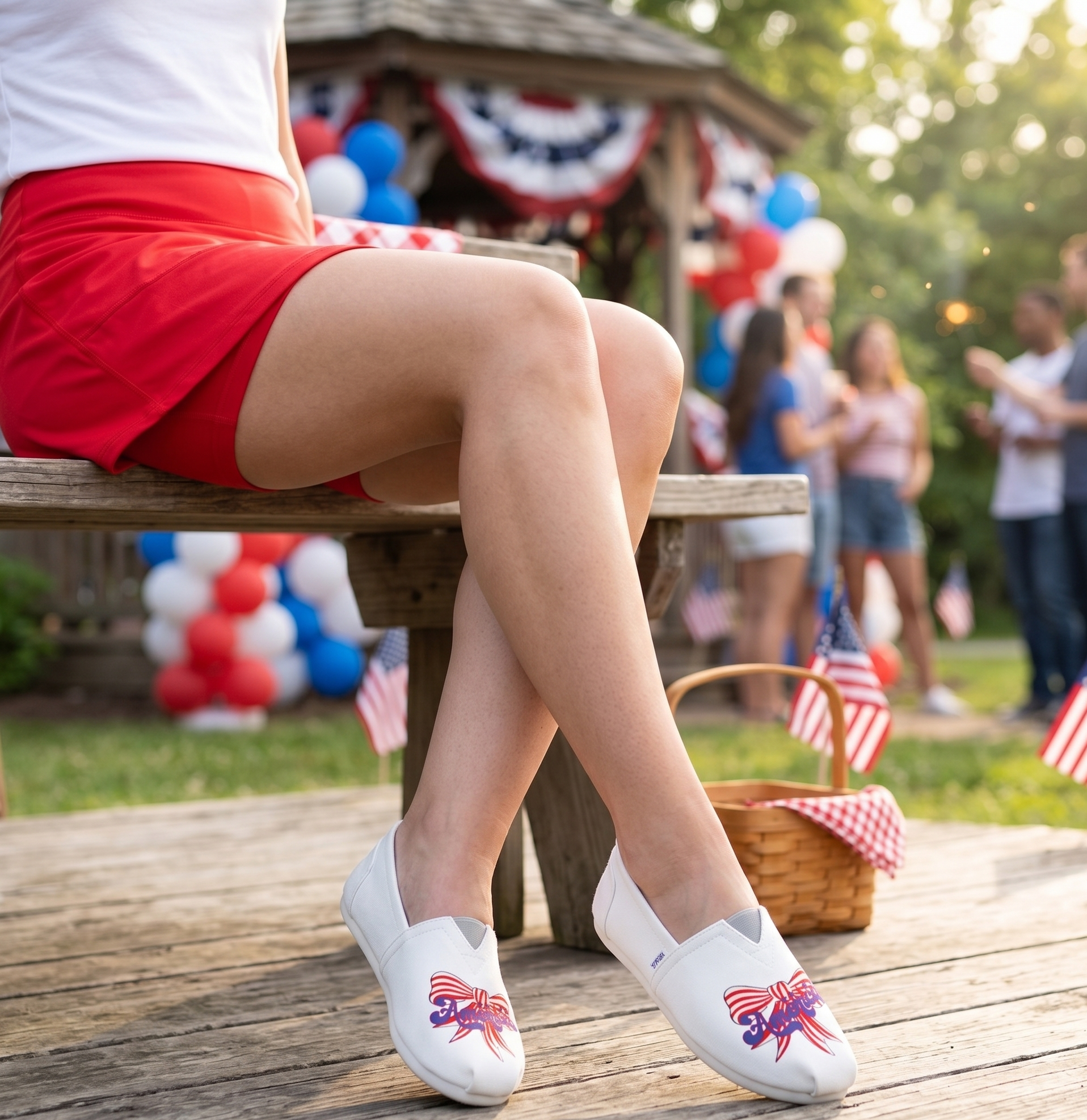 Person wearing white shoes with American flag design sitting on a wooden bench outdoors.