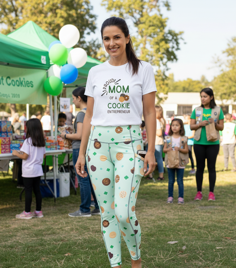 Woman in themed clothing at a Girl Scout Cookie booth event