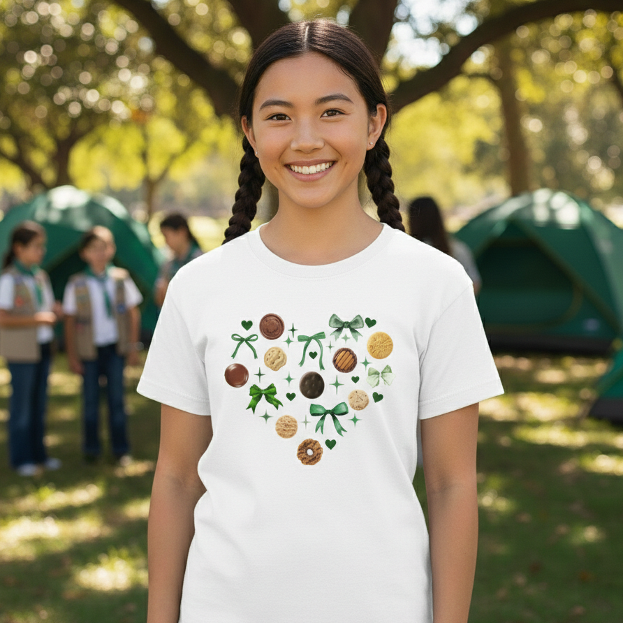Girl wearing a white t-shirt with girl scout cookies, bows forming a heart shape elements in a park setting