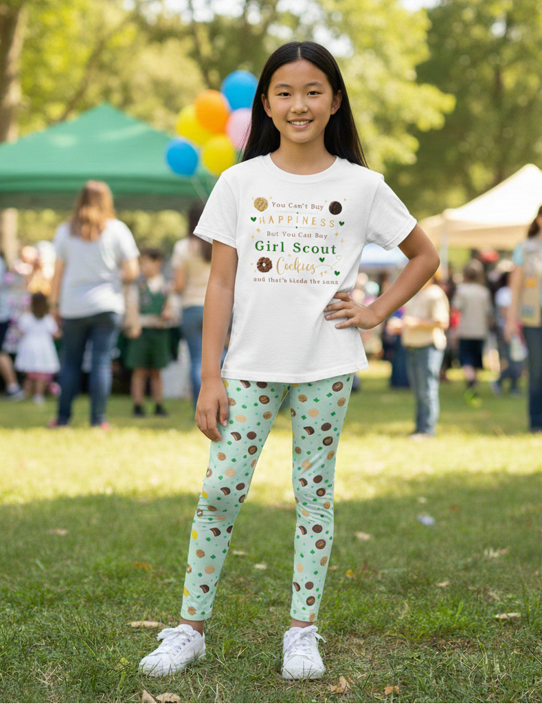 Girl Scout wearing a white t-shirt with text and polka dot leggings in a park setting.